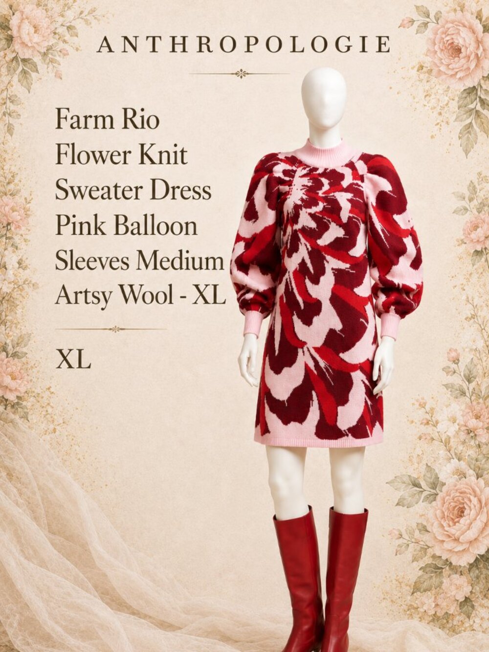 Farm Rio Flower Knit Sweater Dress Pink Balloon Sleeves XL - Preloved